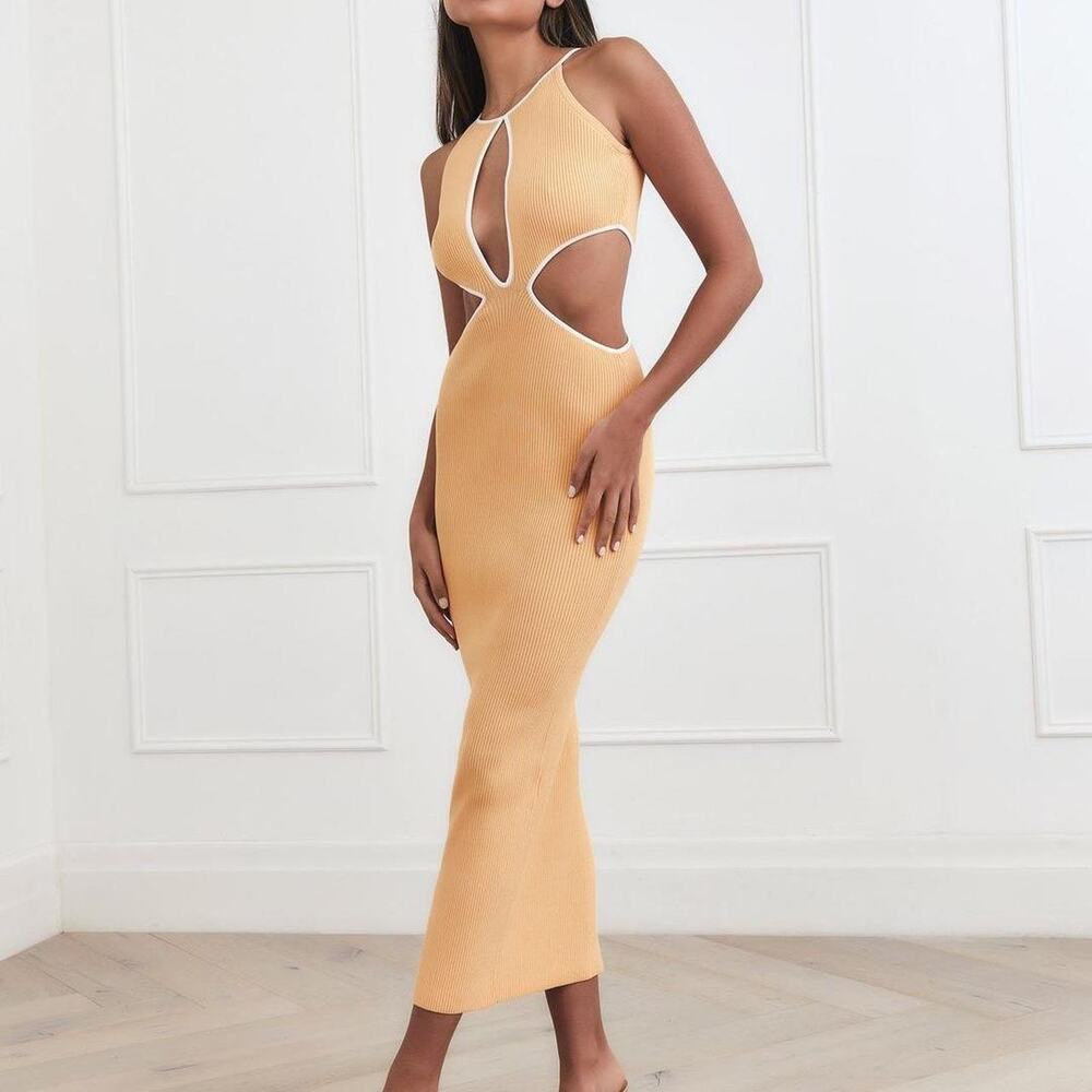 San Sloane Dress Adrian Ribbed‎ Peach Cut Out Plunge Bodycon Midi Dress Medium